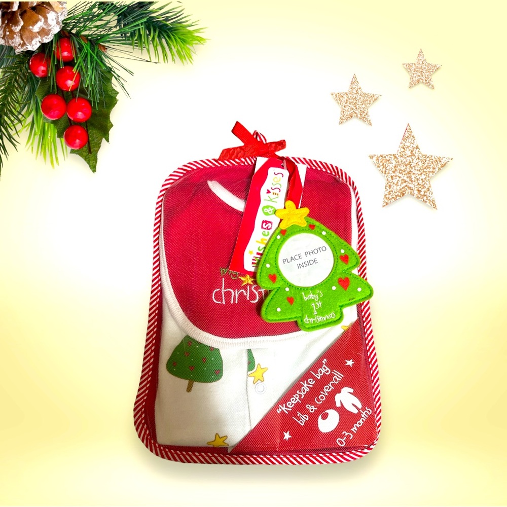 New with tags- Wishes & Kisses keepsake bag, bib,coverall gift set